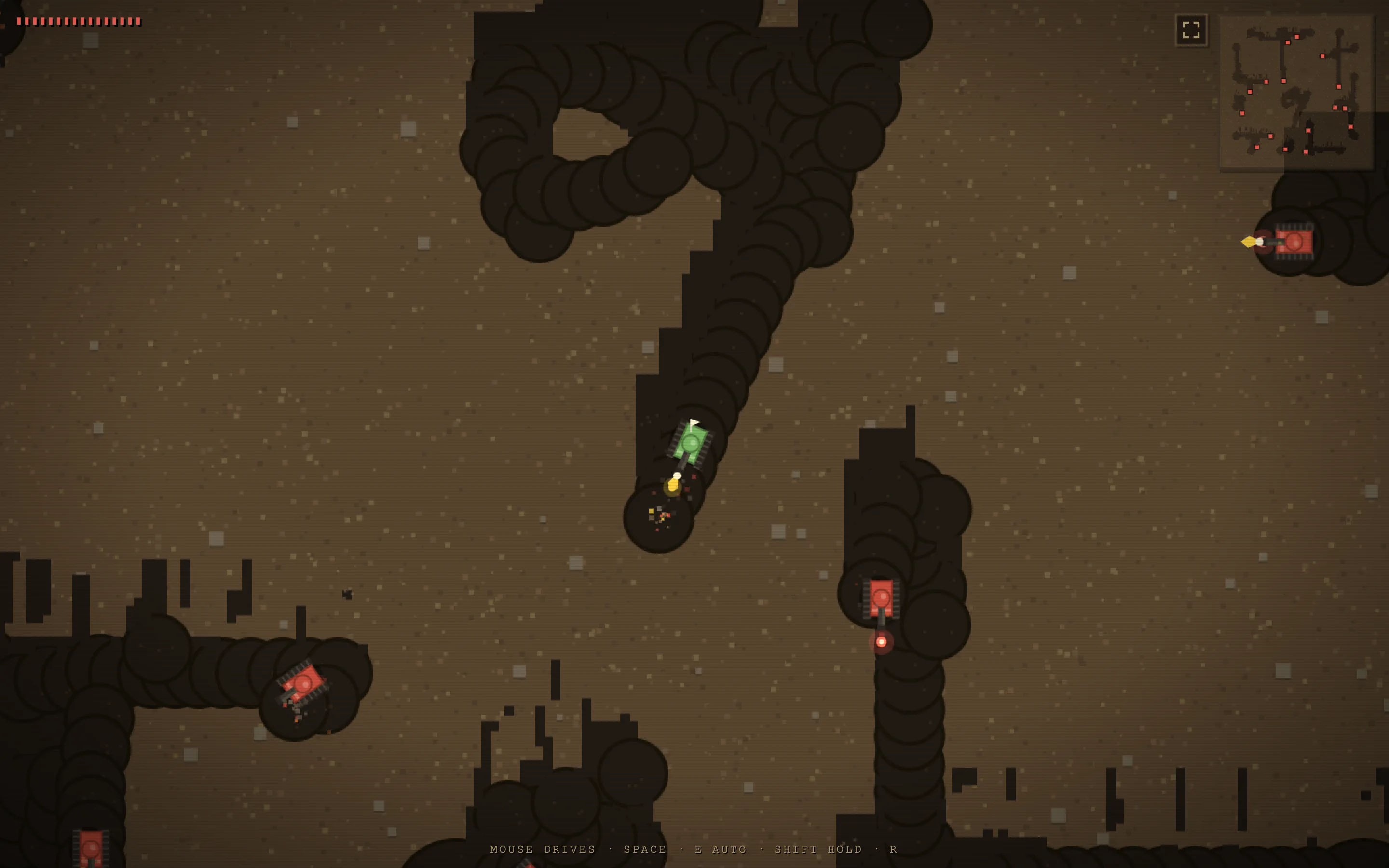 DIRTNAP gameplay: a green tank in a freshly carved tunnel, red hunter bots closing in, minimap top right.