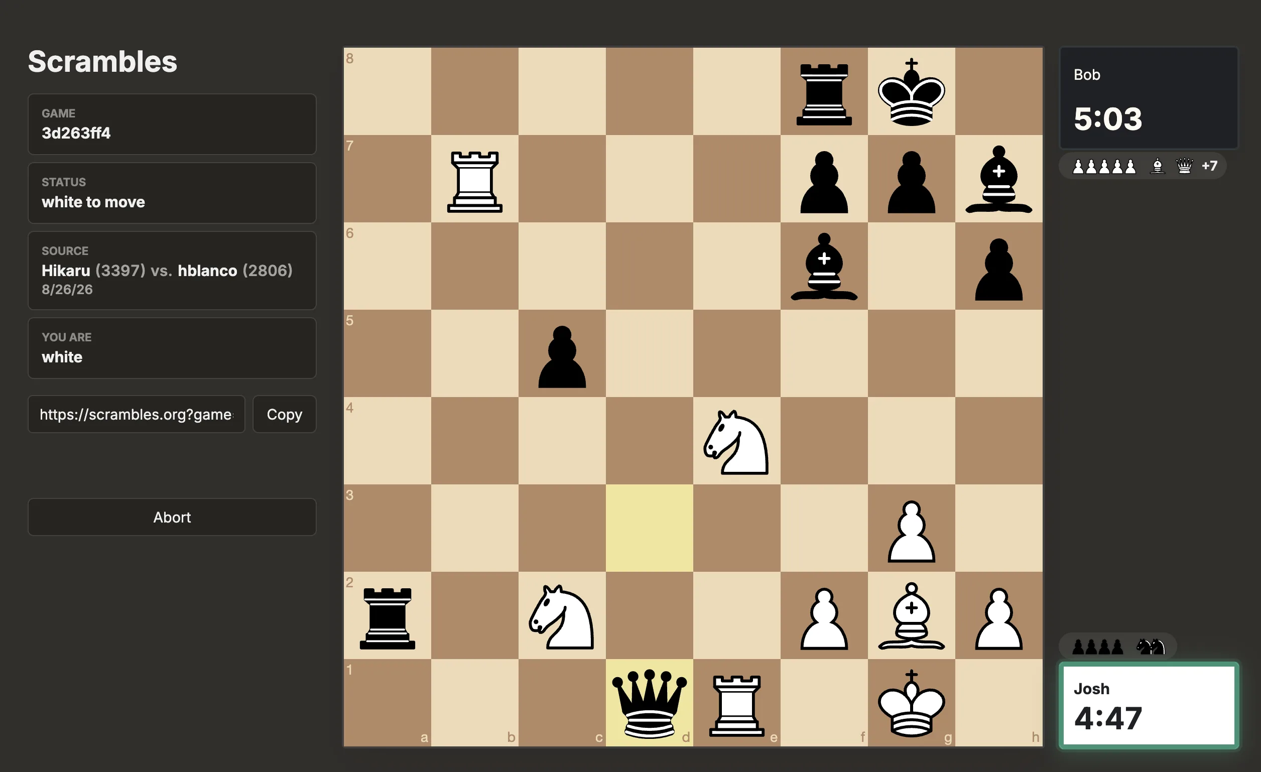 A live scramble: a middlegame board with white to move, five-minute clocks for Bob and Josh, and the source game (Hikaru vs. hblanco) noted in the sidebar.