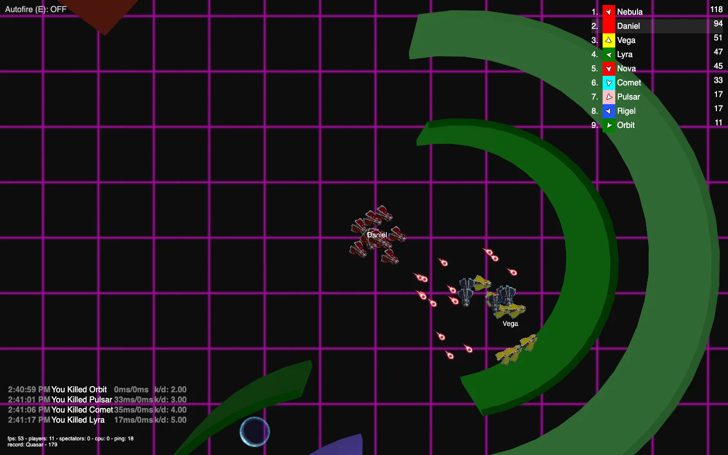 Space2 gameplay in Party City: the red fleet Daniel, ten ships flying in formation, fires a volley of red bullets down and to the right at Vega's yellow fleet of seven, which sits inside two green arcs of the world mesh, with a striped ball and a purple wedge below, the kill log bottom left and the leaderboard top right with Daniel in second place.