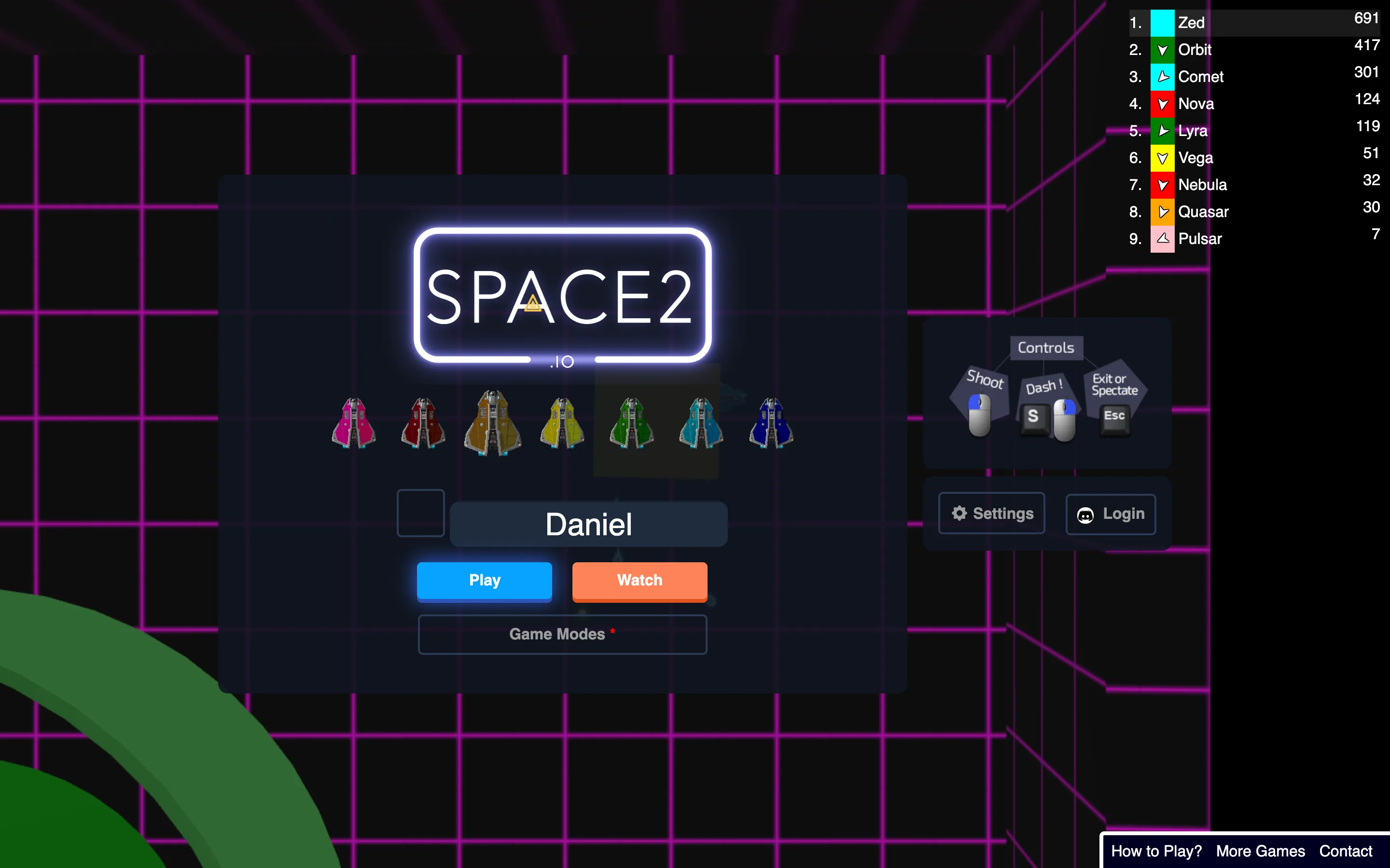 The Space2 spawn screen over the Party City arena: the SPACE2.io logo, seven ship colours to pick from, the nickname Daniel, Play and Watch buttons, a Game Modes button, the controls card (shoot with the mouse, dash with S, Esc to exit or spectate), Settings and Login, and the live leaderboard top right.